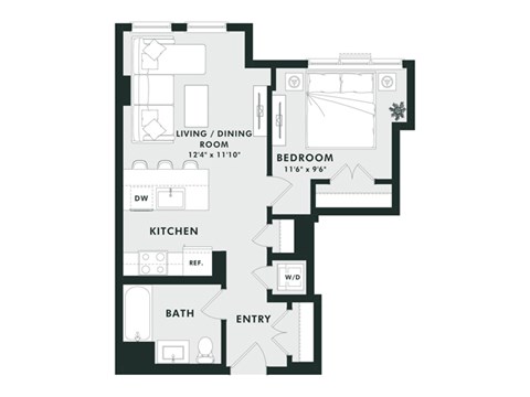 Floor plan for 1 bed, 1 bath, 601 sqft